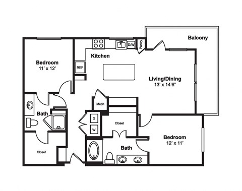 Floor plan for 2 beds, 2 baths, 1135 sqft